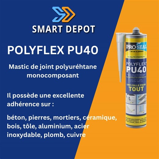 POLYFLEX PU 40 est un polyuréthane monocomposant d'étanchéité à haut module, qui durcit par exposition à l'humidité atmosphérique. Il possède une excellente adhérence sur : béton, pierres, mortiers, céramique, bois, tôle, aluminium, acier inoxydable, plomb, cuivre, etc. 𝗗𝗼𝗺𝗮𝗶𝗻𝗲𝘀 𝗱’𝗮𝗽𝗽𝗹𝗶𝗰𝗮𝘁𝗶𝗼𝗻 : Bâtiments et constructions (fissures, jointures et collages), automobile, container, caravanes etc. Etanchéité et collage de conduits de ventilation, de gouttières etc. Etanchéité et j