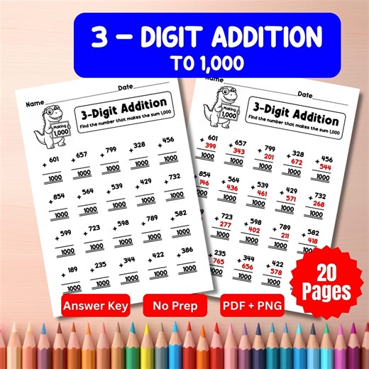 3-digit Addition to 1,000 Worksheets | Find the Missing Addend | No Prep Math (20 Pages) - Etsy