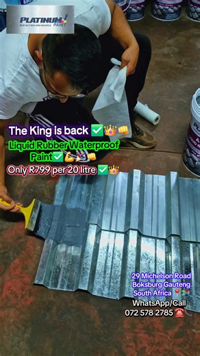 🌧Platinum Paints Liquid Rubber Waterproof🌦 ******* R799 for 20 litres****** All colours ***** Contact us on 072 578 2785 ☎️ LOCATIONS🇿🇦✅📍 - 29 Michelson Road Boksburg Gauteng 📍 - 118 President Mbeki street Rustenburg Central North West 📍 - 10 Jorissen Street Polokwane central 📍 -50 West Riding Row Sherwood KwaZulu-Natal 📍 - 17 Booysens Road Johannesburg South 📍 * Liquid Rubber - Black * Liquid Rubber - Terracotta * Liquid Rubber - Light Grey * Liquid Rubber - Grey * Liquid Rubber - Gre