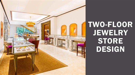 Two-floor jewelry store design How should a two-floor jewelry store be designed? In the case of this Bulgari jewelry store, the first floor is the main showroom, featuring two large oval showcases that seem to welcome guests to the store. The two floors are separated by a grandly shaped staircase that draws customers up the stairs. The second floor provides space for relaxation and interaction, with two interactive elliptical showcases in a mirrored design, creating a gorgeous space for guests t