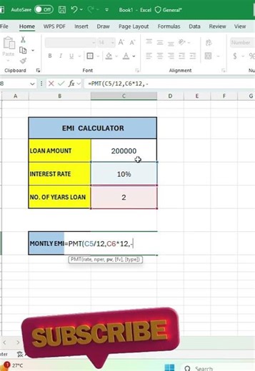 emi calculator by PMT formula , use pmt function #excel #exceltricks #excelshortcuts #exceltutorial