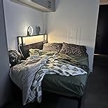 RVONOW Full Size Bed Frame with 2-Tier Storage Headboard, Dark Grey | Wooden headboard with LED lights, built-in charging station, No Box Spring Needed, Noise Free, Easy Assembly, Modern Bedroom