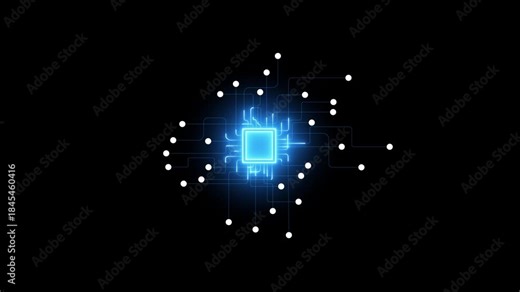 AI Processor Network Animation Showing Connected Data Nodes, Neural Computing Flow, Digital Circuit Intelligence, Enterprise Technology Visualization on Dark Background