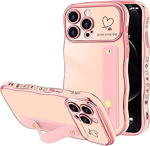 for iPhone 12 Pro Max Case for Women Girls with Strap, Wave Frame Cute Love-Heart Plating Luxury Cover, Raised Full Camera Soft Silicone Protective Phone Case for iPhone 12 Pro Max, Pink
