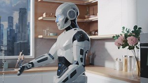 Funny white intelligent big robot like human dancing at kitchen of apartment. Good mood. Smart machine. Future. Shot of cyborg. Cooking concept. Emotion. Automatic, technology. Indoors. Artificial