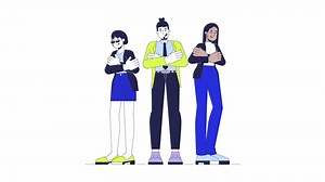 Product managers team line cartoon animation. Teamwork colleagues diversity at workplace 4K motion graphic. Arms crossed employees confident 2D animated characters isolated on white background
