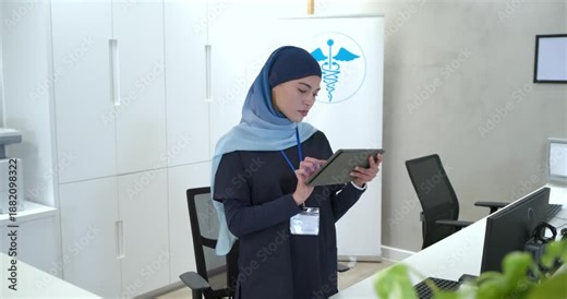 Woman in navy scrubs standing at desk using tablet checking schedule tilting it and smiling