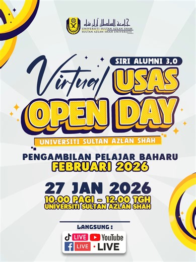 VIRTUAL OPEN DAY USAS 2026 Jom pakat ramai-ramai memeriahkan program Virtual Open Day USAS di platform Live TikTok USAS, Live Facebook USAS dan YouTube USASTV. Saksikan celoteh dari panel jemputan kita dari kalangan alumni USAS. #Iniusasku #Rahmatanlilalamin #usas2025 #openday #fyp @zulaikha.laa @asmira_li @adamhafis_ @usastv