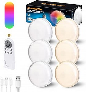EverBrite Puck Lights with Remote, Rechargeable Linked Sensor Under Cabinet Lights, 10 RGB Colors, Group Control Dimmable Kitchen & Bedroom (6-Pack)