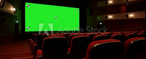 Green Screen beautiful wide in cinema hall moving through over the seats 3d animation with lights and tracking points art technology concept 4k ultra hd 3840x2160 scene 2 distortion, overlay, glitch