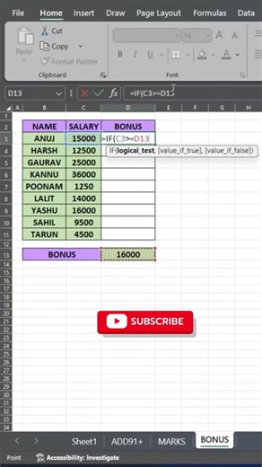 IF Formula se Bonus kaise decide kare | Excel Bonus Calculation | Short #excel #excelformula