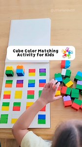 Cube Color Matching Activity for Kids This is a fun activity for little hands to help improve problem solving, fine motor skills, critical thinking, and matching colors. Ages 3 and up. #littlehandsdiy #diyforkids #craftsforkids #diy #activitiesforkids #smartkids #colormatching #numbermatching #matchingactivity #colorcubeactivity #ColorMatching | Little Hands DIY