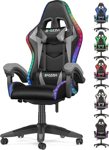 bigzzia Gaming Stuhl mit LED - Gaming Sessel Ergonomischer PC Stuhl mit Kopfstütze, Gaming Chair RGB Licht Beleuchtung Computerstuhl, Gamer Stuhl für Jugendliche und Erwachsene, Schwarz-Grau