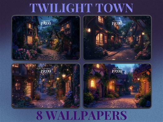 Cozy Night Twilight Town Aesthetic Desktop Wallpapers Rustic Cityscape Moon Stars Nightsky Cottagecore Flowers Village Boho HD Background - Etsy