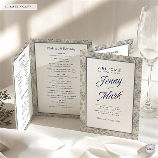 French Old Money Folded Wedding Program Template, Editable Canva Ceremony Program, Classic Blue Damask Estate Wedding Order of Service - Etsy