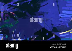 Colorful abstract mixed media collage with bold brush strokes, green blue neon splashes, dotted curves, graffiti scribbles, layered grunge texture, hand drawn lines, urban art background motion graphic Stock Video Footage - Alamy