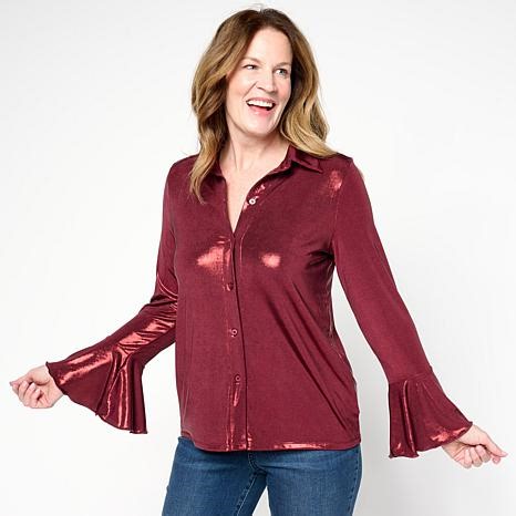 G by Giuliana 24K Shine Button-Front Flared Sleeve Top | HSN