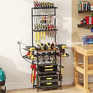 Floor Power Tool Storage Organizer With Charging Station, Heavy Duty Cordless Tool Holder Cart with 3 Shelves, Large Capacity Tool Shelf Rack Stand Drill Screwdriver Tool Box Organization and Storage