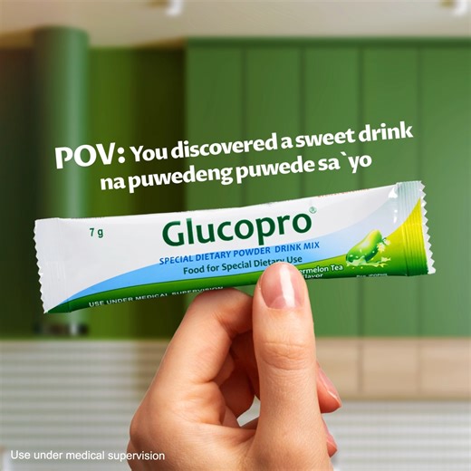 `Yung moment na ma-discover mo na ang Glucopro, magaling para sa may diabetes at mataas ang cholesterol. May sweet wintermelon flavor at highest in fiber (5.4g per sachet) that helps manage blood sugar and cholesterol (after meals, with proper diet and a healthy lifestyle). Say YES to the Super Fiber drink—GLUCOPRO! Use under medical supervision. ASC REF. P0095N051925G | Glucopro