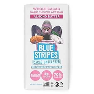 Blue Stripes - Almond Butter Whole Cacao Truffle Chocolate Bars, 70% Cacao, Almond Butter, Healthy Chocolate, Vegan, No Refined Sugar, Non GMO, Gluten Free, 2.1 OZ