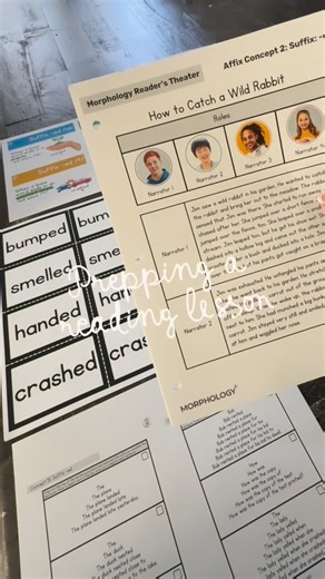 Ashley Lomelin, Ed Therapy 🐚 on Instagram: "PEEP THE PREP👀🔬Bonus points if you can spot the newest member of the IMSE resources team: Morphology Readers Theater. 🎭📖 Today, I’m prepping a lesson for my older students using my favorite @imse_og resources. & "-ed" is a special one because we get to preview affixes from their future morphology lessons. Morphology Readers Theater benefits:🎭📖 ✅ Contextual Vocabulary: They see the morphology "in the wild." ✅ Prosody & Expression: It builds the b