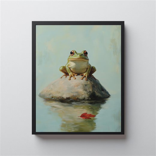 Rustic Frog on a Stone - Printable Nature Wall Art, Earthy Frog Scene on Water, Autumn Leaf, Calm Landscape Digital Download Painting - Etsy