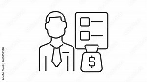 Animated financial planner line icon. Man with bag of money and tasks marking completed animation. Wealth management. Loop HD video with alpha channel, transparent background. Outline motion graphic
