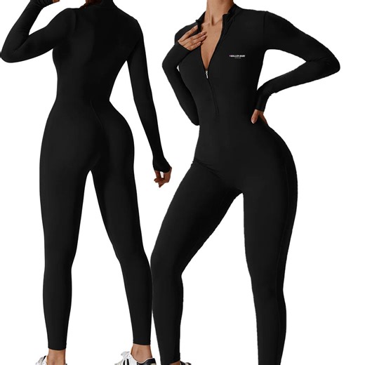 Jet Black Full-length women's bodysuit with long sleeves yoga unitard jumpsuit activewear