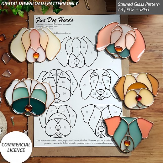 Dog Head Stained Glass Patterns – 5 Unique Designs – Digital Download (PDF & JPG) - Etsy