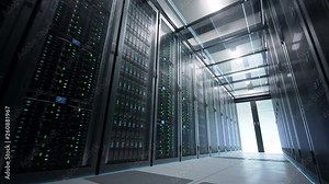 Camera moving along the corridor in data center showing server equipment from the bottom up, sliding doors opening in the end of passage. Seamlessly looped photorealistic 3D render animation.