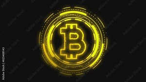 Digital style of cryptocurrency big data. Burning bitcoin icon in the center of spinning gears and circles. Technological background. Black, 4K looped 60 fps