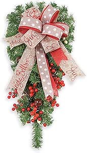 XmasExp Christmas Teardrops Swags for Outdoor Decoration,23Inch Red Ribbon Berry Pine Christmas Wreath Ornament for Stairway Front Door Window Hanging Decor