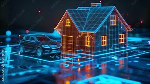 A hologram featuring a house car and medical symbols representing the types of insurance coverage available through holographic insurance solutions.