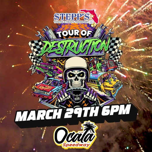 HERE COMES THE BOOM! 💥🔥 Get ready for the 2025 debut of the Tour of Destruction at Ocala Speedway! This time, we’re bringing the TNT with a massive fireworks show in front of what’s sure to be another sold-out crowd! Brace yourself for nonstop action on and off the track ORDER NOW (400 TICKETS LEFT) - tourofdestruction.com/ocala-fl | Tour of Destruction