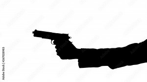 Silhouette of arm firing a gun.Silhouette of a mans arm with a gun, aiming down the sights and shooting his pistol. He could be a hit man for a gang or just security police looking for enemy combatant