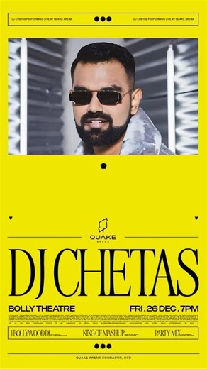 Quake Arena on Instagram: "Hyderabad, a night of pure Bollywood energy awaits as @djchetas comes to Quake Arena for a blockbuster edition of Bolly Theatre. The country’s #1 Bollywood DJ and undisputed King of Mashups, Chetas has ruled the scene with his iconic mixes and unstoppable rise. This one’s nostalgic, high-energy, and absolutely unmissable. 🎟 Tickets live soon — stay tuned! Friday, 26 December | 7 PM Quake Arena"