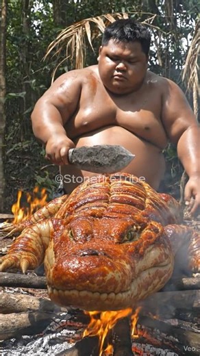 INSANE GIANT Crocodile BBQ ASMR | Primitive Survival Crunch #survival #shorts