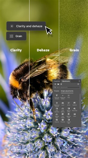 New Adjustment Layers in Photoshop! Clarity and dehaze Grain are now non-destructive and maskable, keeping every tweak flexible. Try the latest update here 👉 https://adobe.ly/49Ni8re | Adobe Photoshop