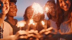 close up hand Group of young college student friends lit light sparkler, sing and dance together at beach. Party people, love friendship relationship, or outdoor camping activity