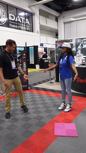 Stopped by to see our friends @swisstrax 🤩 Learned some cool tips regarding the flooring system & talked about how much I’ve loved having their product in our shop! Check them out at Booth #21257 😊 | Ace of Shades