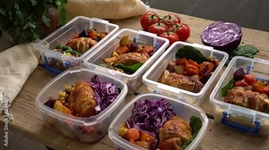 Restaurant offering takeout/delivery during the coronavirus pandemic. Prepared meals (meat, sauce, vegetables) in plastic containers. Ready-to-eat food from a certified home-kitchen, restaurant, cafe