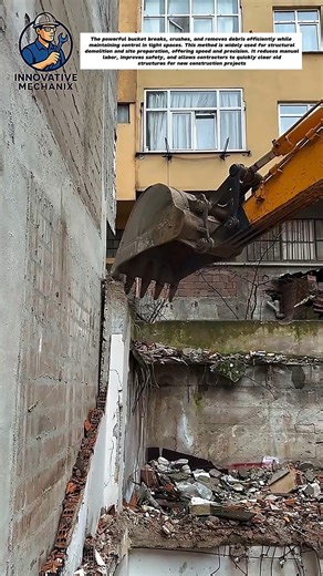 Excavator Demolishing Concrete Wall in Tight Urban Space