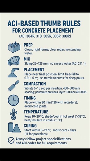 6.3K views · 36 reactions | #ACI Based Thumb Rules for #Concrete #Placement #ACI #ConcretePlacement #CivilEngineering #StructuralEngineering #ConstructionTips #ACICodes #ConcreteWork #CivilSite #ConcreteConstruction #EngineeringKnowledge #reelsfypシ #ConcreteMix #reelschallenge #facebookviral #facebookreelsviral | The Civil Engineering | Facebook
