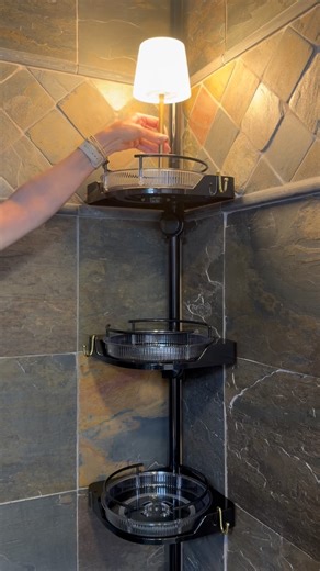 Jodie Kammerer • AMAZON HOME FINDS on Instagram: "This easy install shower caddy and rechargeable light makes it easy to store and access all your shower products! Installs with adjustable tension rod and 4 sliding adjustable shelves. Total install takes just minutes! Rotating shelves create added convenience! COMMENT LINK or shop my link in bio ❤️"