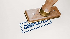 COMPLETED - Animated wooden stamp pressing 'Completed' onto white paper.