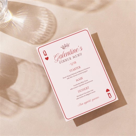 Queen of Hearts Galentine’s Dinner Menu | Editable Galentine’s Menu Card | Girls Night Dinner | Canva Template - Etsy