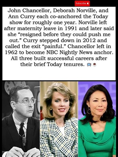Today Show Anchors Who Lasted Only One Year Deborah Norville, Ann Curry, and John Chancellor