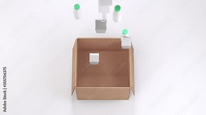 Top View Beautiful Opening and Closing Cardboard Box with Packing Food Products Inside on White Background with Mask. Looped 3D animation with changing package box for online delivery Ultra HD 4K