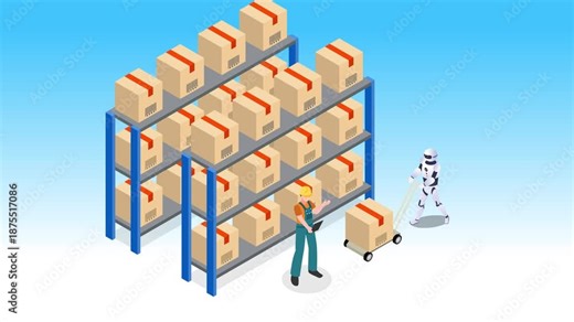 Automated Warehouse Logistics and Smart Inventory Management with Robot and Worker 3d animation cartoon