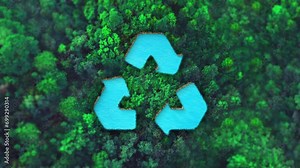 Recycle icon or symbol in the middle of a beautiful green forest. Top view, ecology background Stock Video